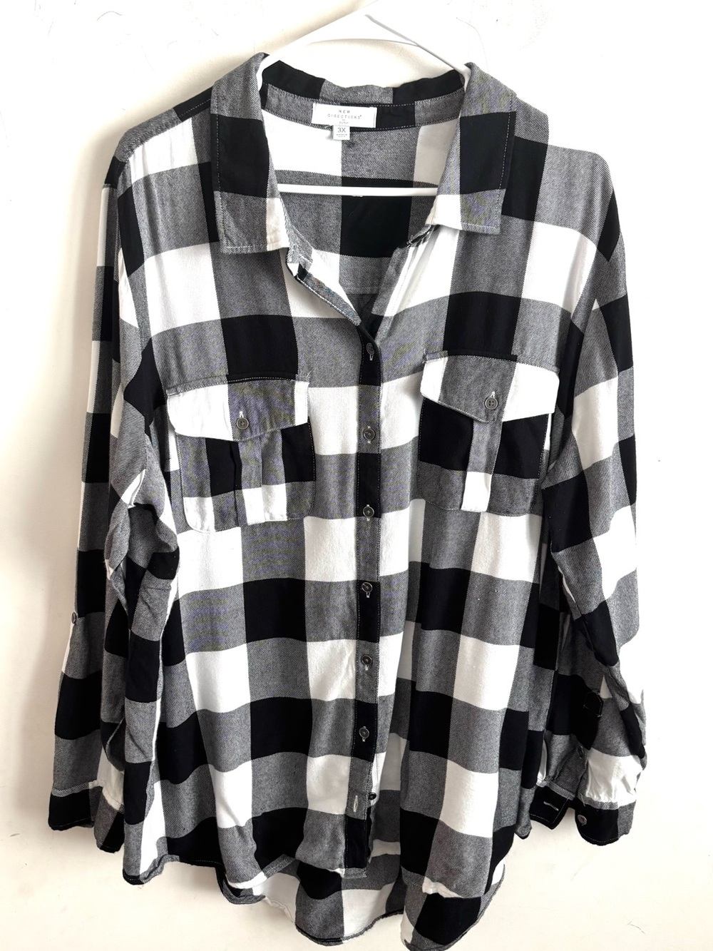New Directions Shirt Women’s Button Up Plaid 3X Black White Grunge Outdoor